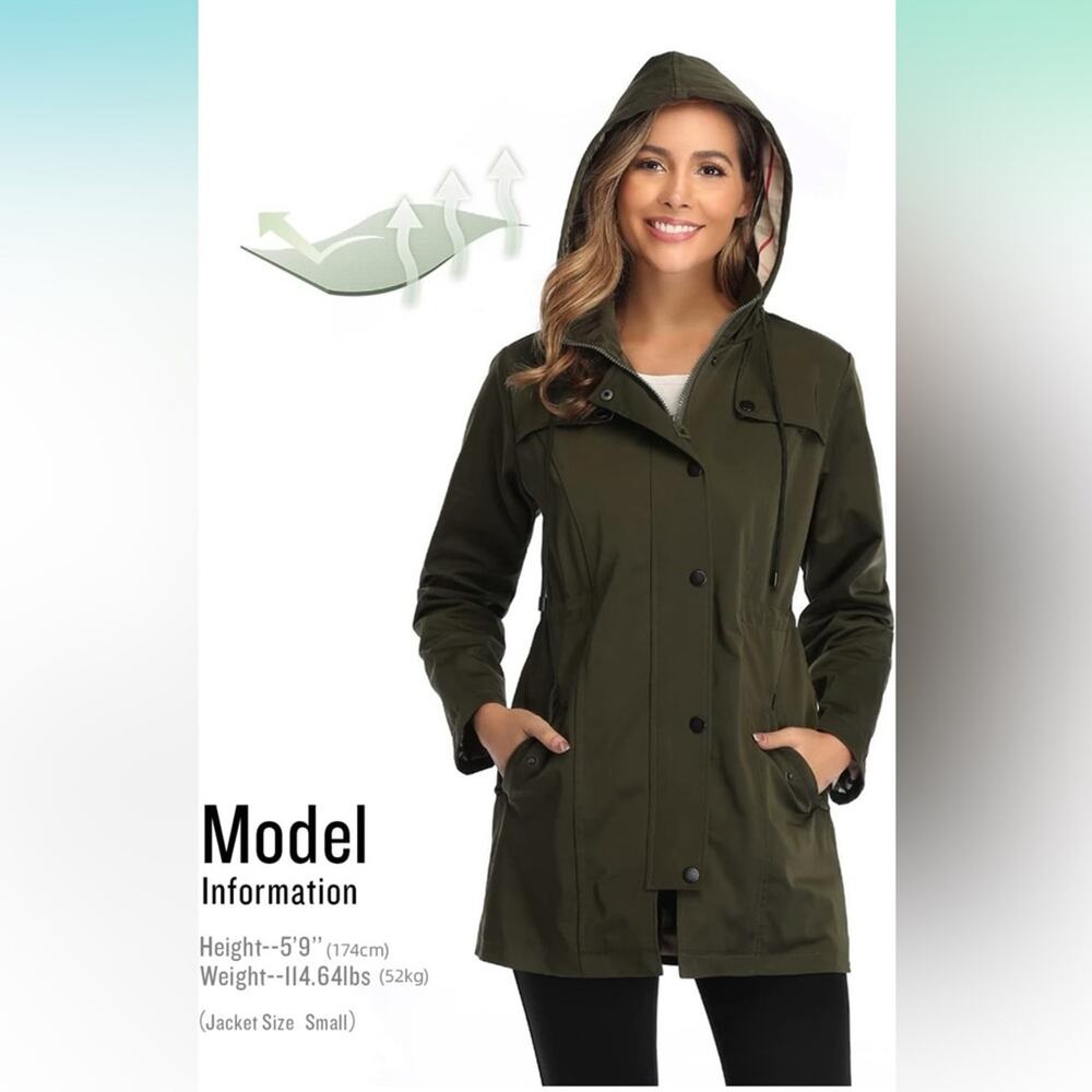 SaphiRose Women's Long Hooded Rain Jacket Army Green Large